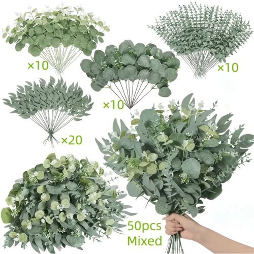 50PCS Artificial Flowers Bouquets Mixed Eucalyptus Leaves Willow Silver Eucalyptus Cuttings for Wedding Floral DIY Home Decor