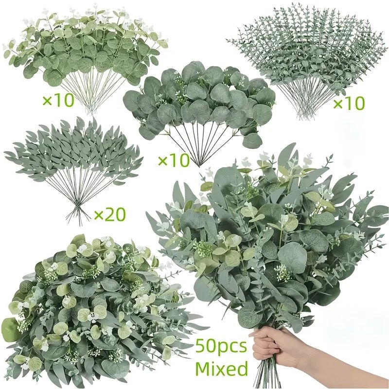 50PCS Artificial Flowers Bouquets Mixed Eucalyptus Leaves Willow Silver Eucalyptus Cuttings for Wedding Floral DIY Home Decor 50PCS Artificial Flowers Bouquets Mixed Eucalyptus Leaves Willow Silver Eucalyptus Cuttings for Wedding Floral DIY Home Decor