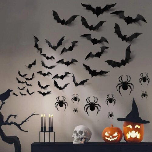 3D Black PVC Bat Wall Stickers Halloween Decorations Scary Party Props DIY Home Bar Room Decoration for Spooky Halloween Night