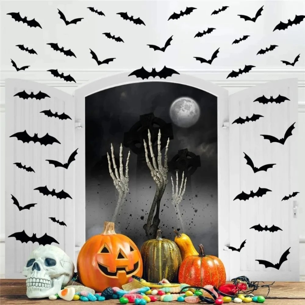 3D Black PVC Bat Wall Stickers Halloween Decorations Scary Party Props DIY Home Bar Room Decoration for Spooky Halloween Night