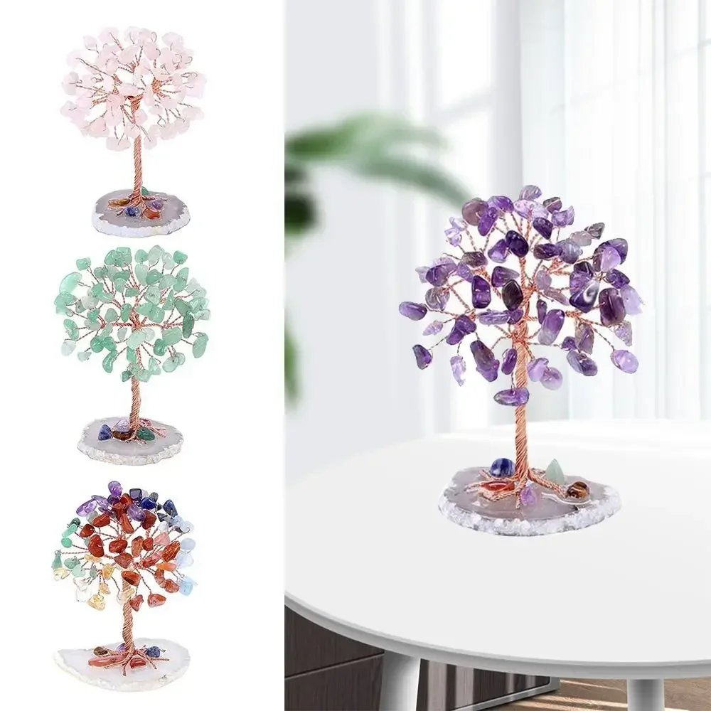 Crystal Money Tree Copper Wire Wrapped W/ Agate Slice Base Fluorite Gemstones Feng Shui Super Mini Trees Home Decor