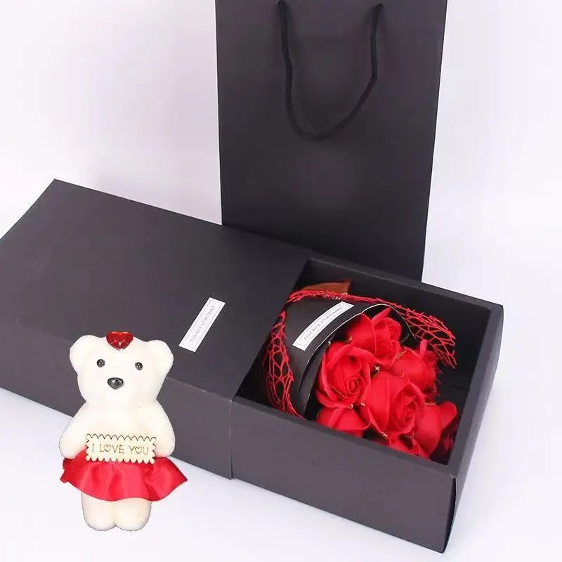 7 simulation rose bouquet bear gift box handmade fake flower bouquet Christmas birthday party gift home decoration
