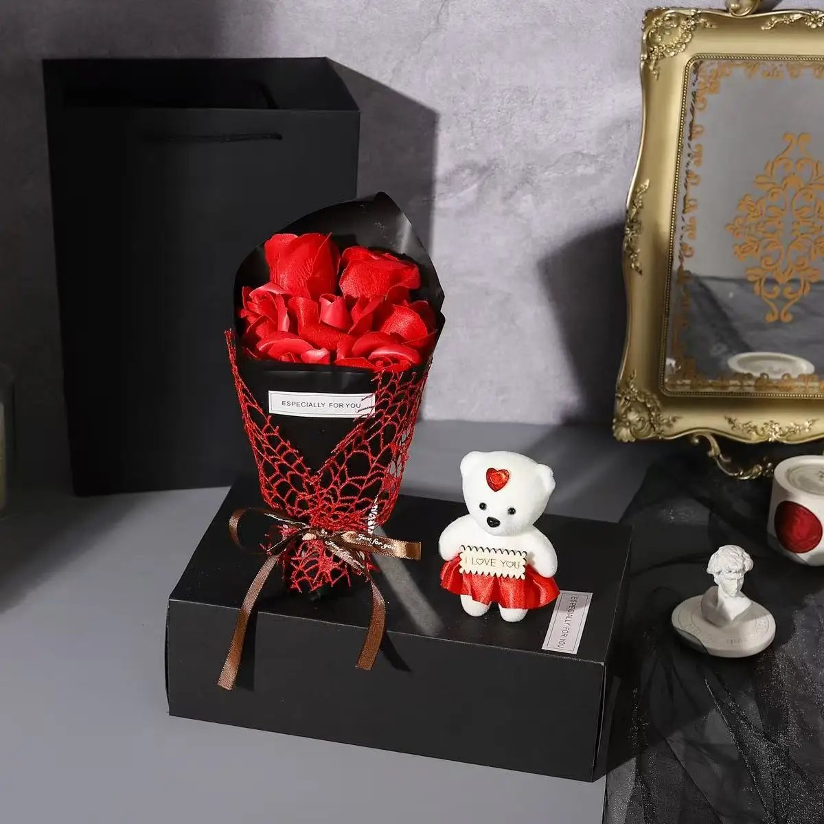 7 simulation rose bouquet bear gift box handmade fake flower bouquet Christmas birthday party gift home decoration