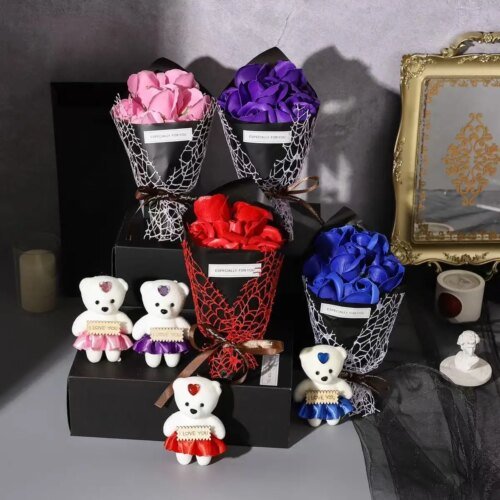 7 simulation rose bouquet bear gift box handmade fake flower bouquet Christmas birthday party gift home decoration