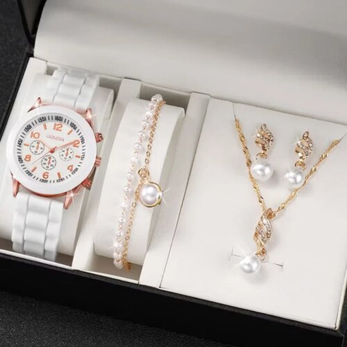 6PCS/Set Women's Watches Casual Silicone Band Analog Quartz Watch Heart Pearls Jewelry Set(Without Box)