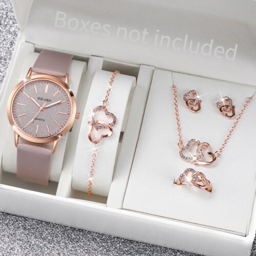 6pcs/set Women Leather Band Quartz Watch and Lover Heart Rose Gold Color Jewelry Set