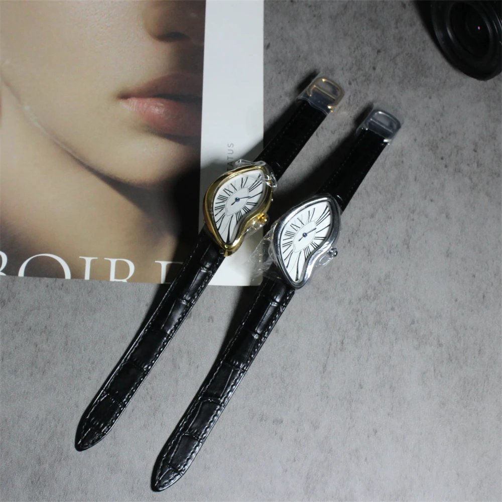 Medieval alien watches melt and twist y2k alien ladies and men Leather strap fashion advanced ins niche design quartz watch