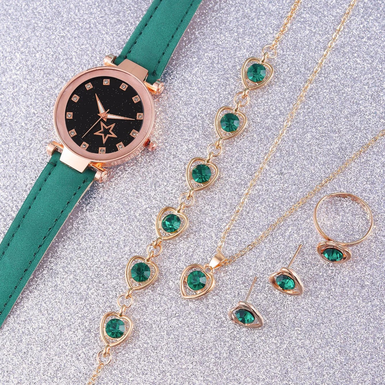 6 Piece Set New Women's Leather Star Rhinestone Girls Watch Quartz Watch + Necklace + Bracelet + Ring and Earrings casual watch - Image 3