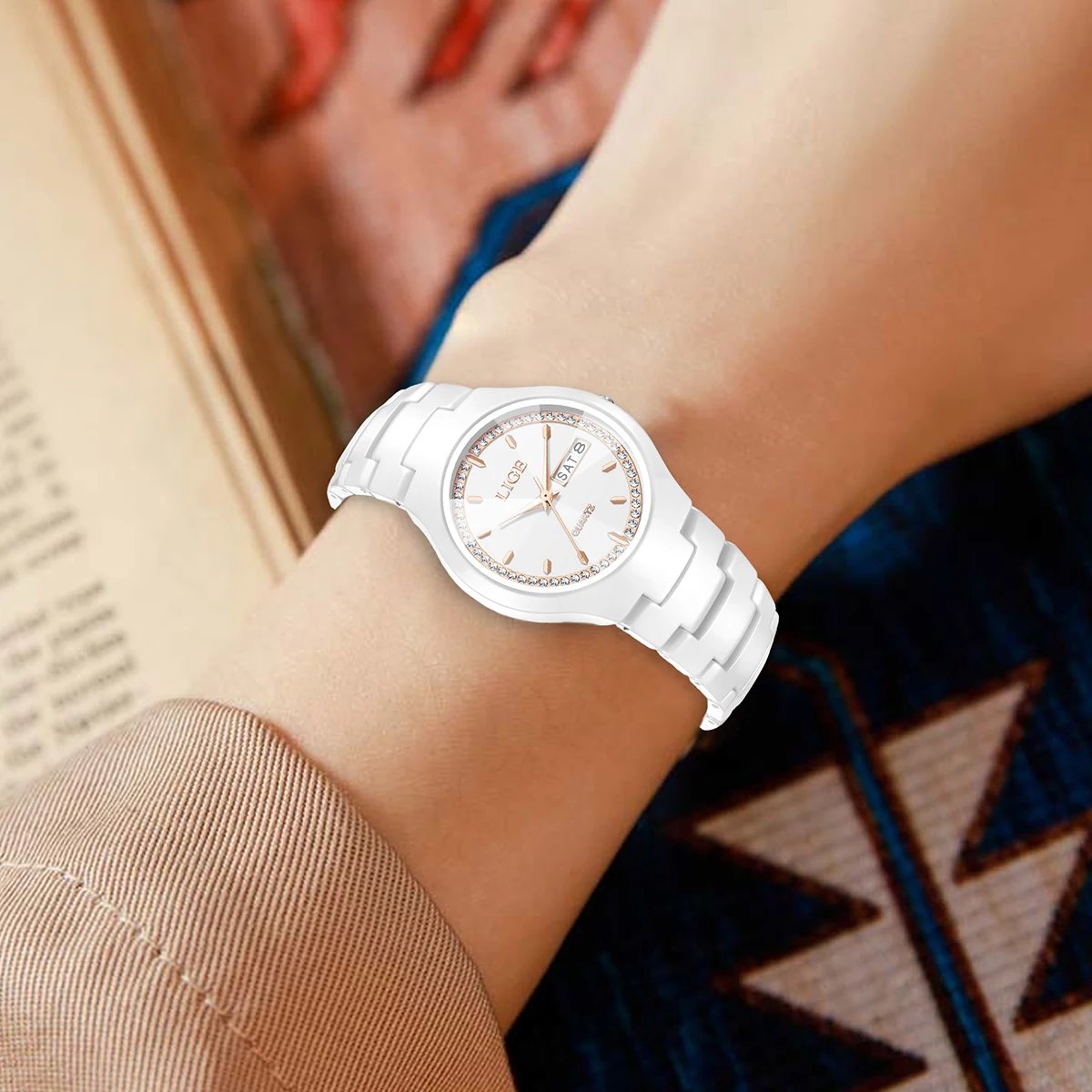 LIGE Brand Woman Watch Ceramics Strap Simple Waterproof Calendar Week Quartz Watches for Women Elegant Ladies Bracelet for Gifts - Image 5