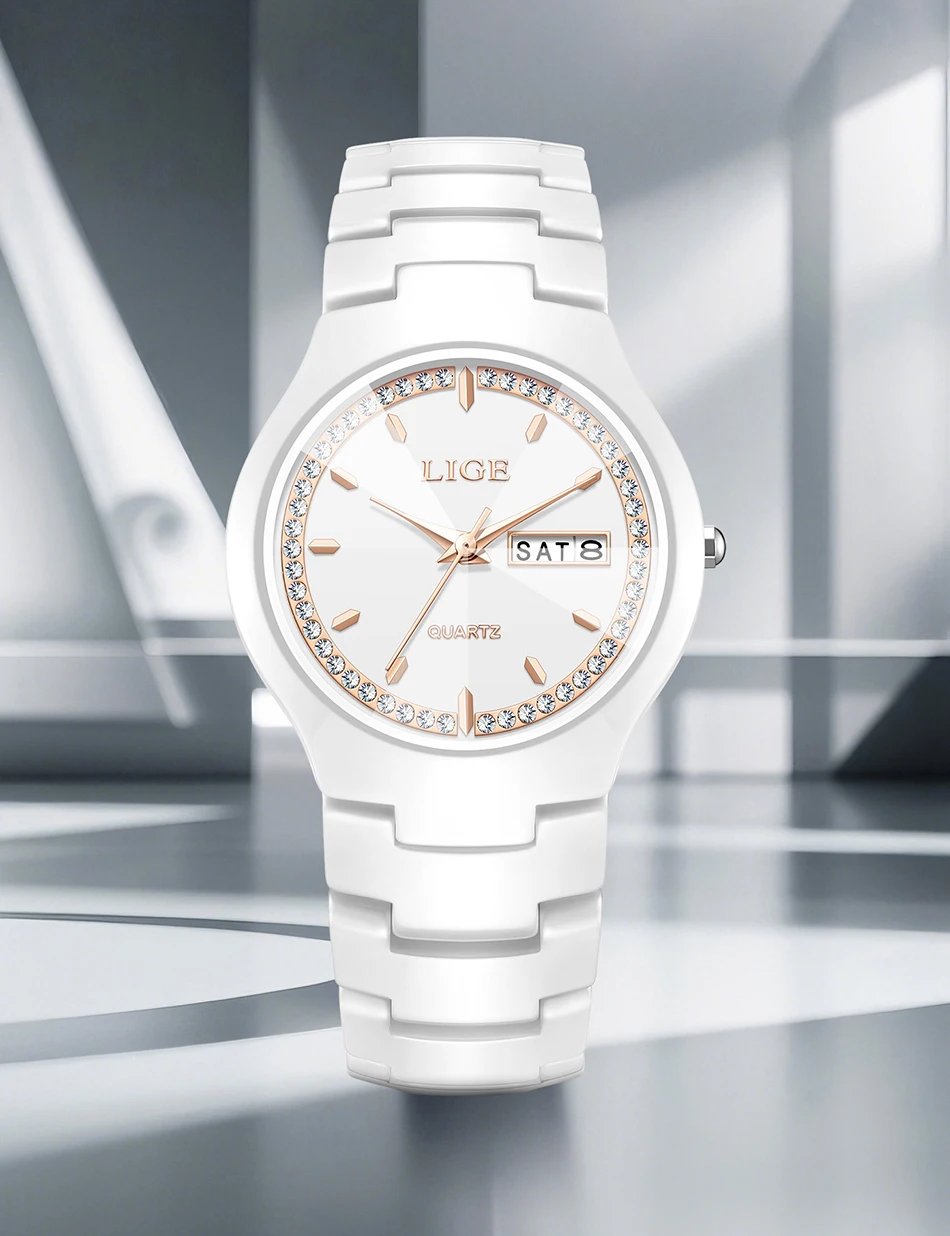 LIGE Brand Woman Watch Ceramics Strap Simple Waterproof Calendar Week Quartz Watches for Women Elegant Ladies Bracelet for Gifts LIGE Brand Woman Watch Ceramics Strap Simple Waterproof Calendar Week Quartz Watches for Women Elegant Ladies Bracelet for Gifts