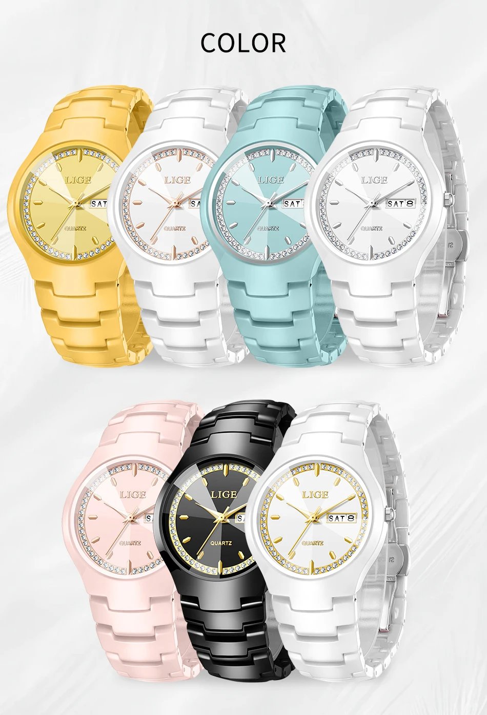 LIGE Brand Woman Watch Ceramics Strap Simple Waterproof Calendar Week Quartz Watches for Women Elegant Ladies Bracelet for Gifts LIGE Brand Woman Watch Ceramics Strap Simple Waterproof Calendar Week Quartz Watches for Women Elegant Ladies Bracelet for Gifts