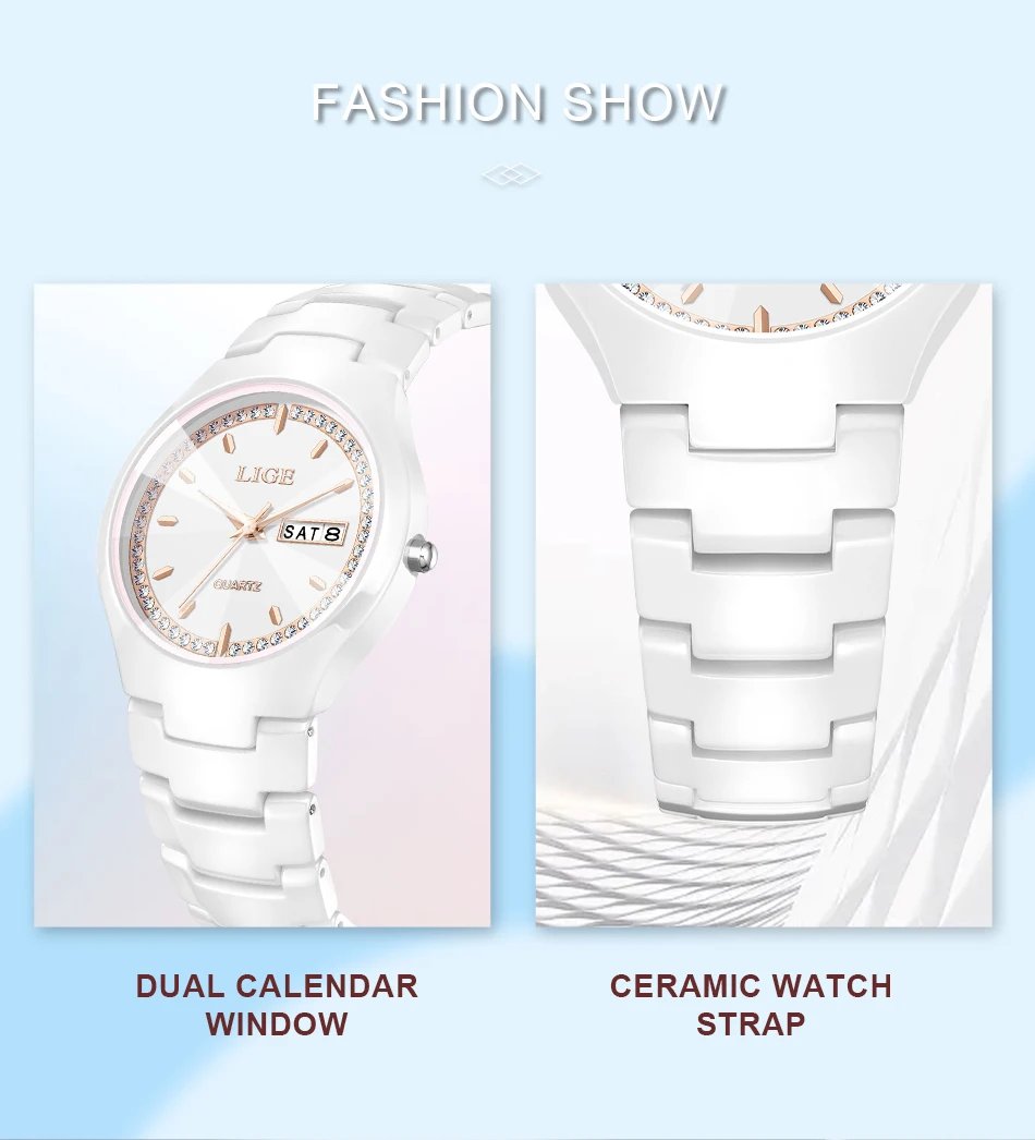 LIGE Brand Woman Watch Ceramics Strap Simple Waterproof Calendar Week Quartz Watches for Women Elegant Ladies Bracelet for Gifts LIGE Brand Woman Watch Ceramics Strap Simple Waterproof Calendar Week Quartz Watches for Women Elegant Ladies Bracelet for Gifts