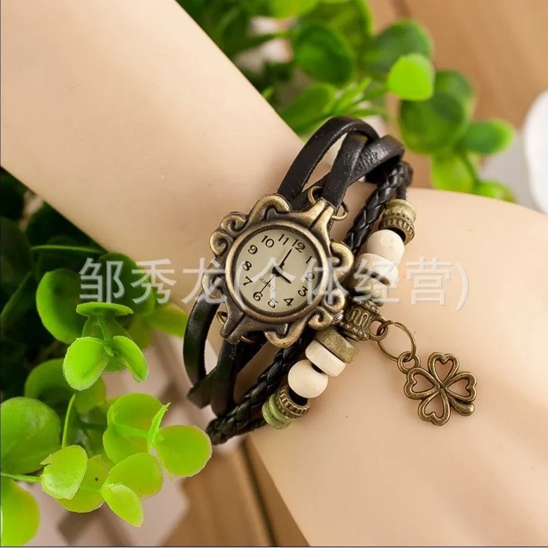 Jewelry Fashion Women's Watch Wholesale Vintage Leather Bracelet Bracelet Watch Butterfly Clover Pendant Quartz Watch - Image 3