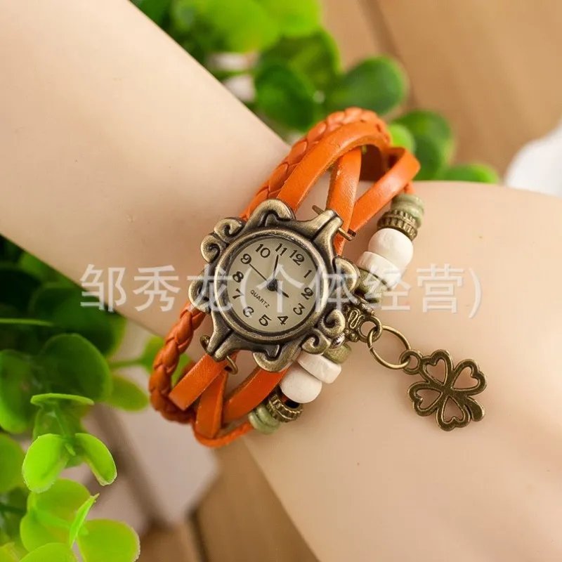 Jewelry Fashion Women's Watch Wholesale Vintage Leather Bracelet Bracelet Watch Butterfly Clover Pendant Quartz Watch - Image 6