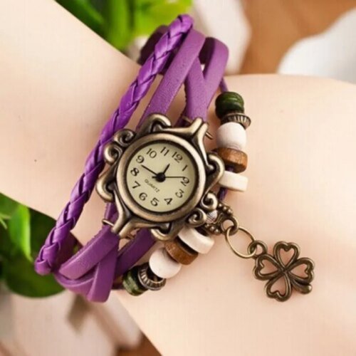 Jewelry Fashion Women's Watch Wholesale Vintage Leather Bracelet Bracelet Watch Butterfly Clover Pendant Quartz Watch