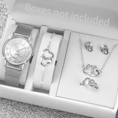 6PCS/Set Fashion Heart Dial Women Watches Plastic Band Quartz Watch Rhinestone Heart Jewelry Set(Without Box)