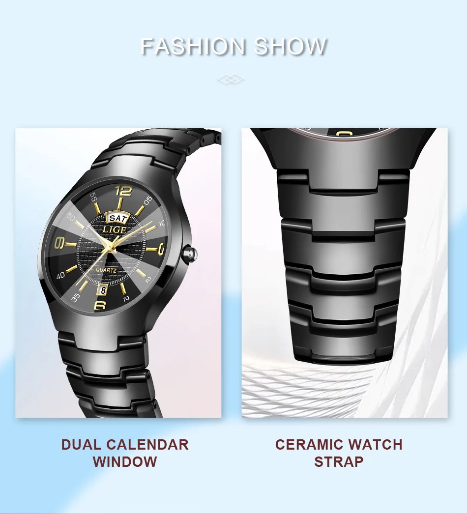 LIGE Fashion Ceramic Quartz Watch For Women Casual Sports Week Date Watch Ladies Watches Creative Steel Waterproof Watch Femme