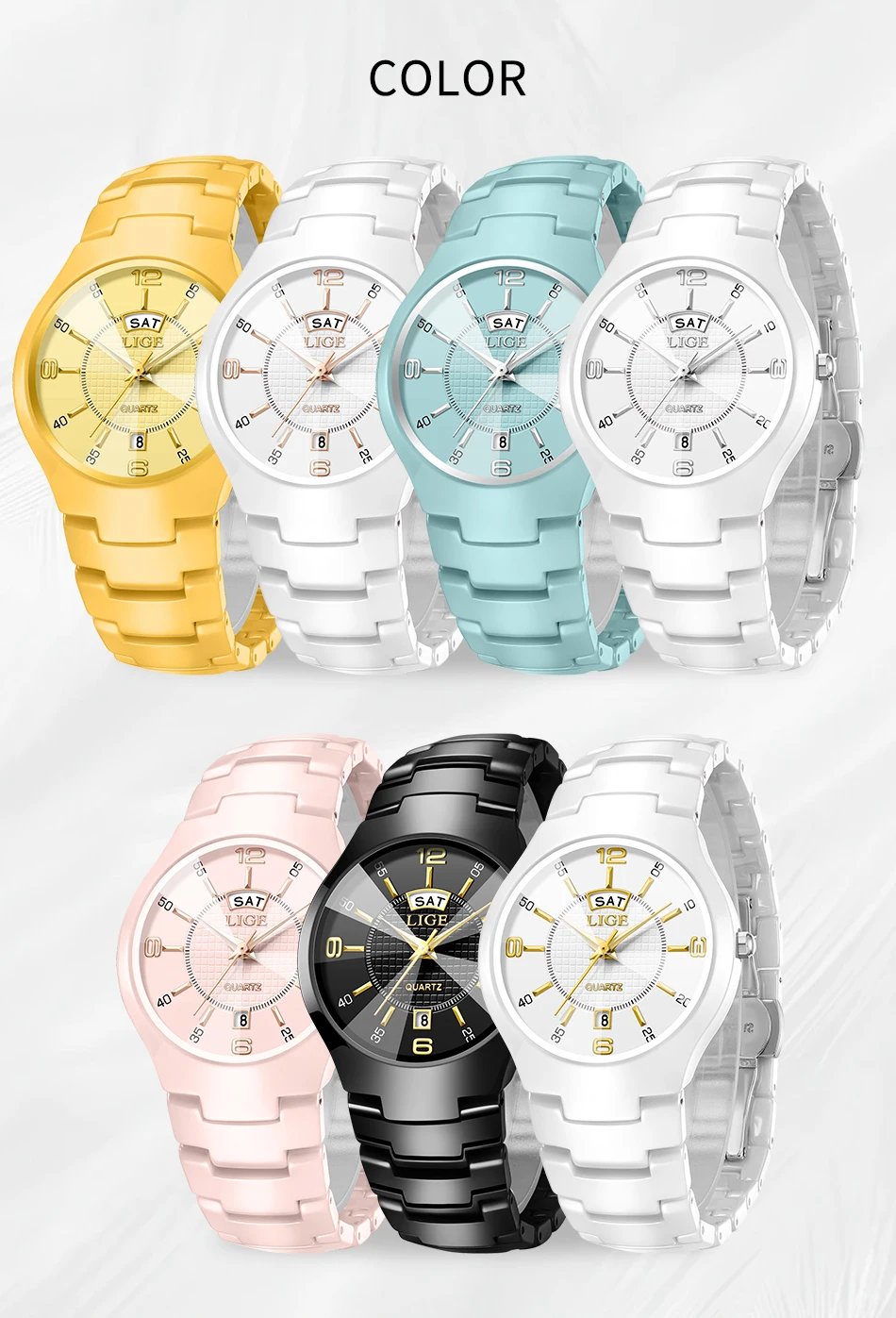 LIGE Fashion Ceramic Quartz Watch For Women Casual Sports Week Date Watch Ladies Watches Creative Steel Waterproof Watch Femme
