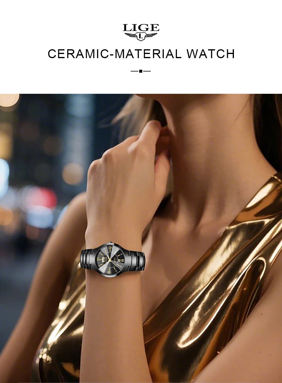 LIGE Fashion Ceramic Quartz Watch For Women Casual Sports Week Date Watch Ladies Watches Creative Steel Waterproof Watch Femme