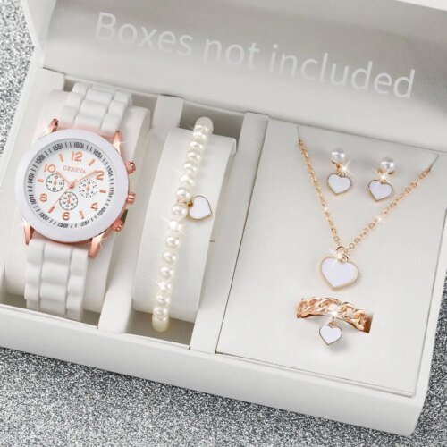 5/6PCS Fashion Women Watches Casual Silicone Band Ladies Quartz Watch Jewelry Set Relogios Feminino Girls Clock Gift(Without Box