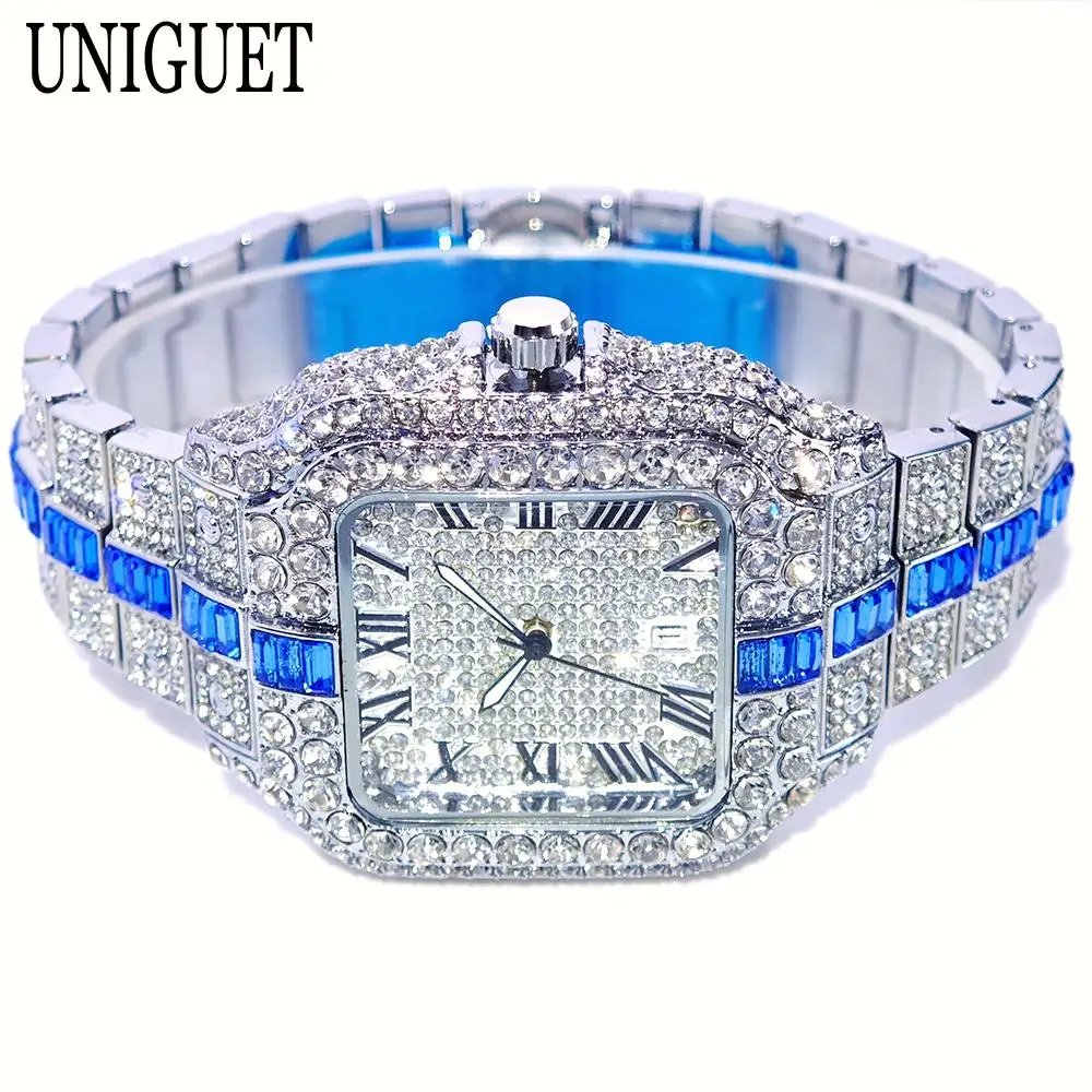Hot Fashion Full Diamond Watch Men UNIGUET Brand Hip Hop Iced Out Bling Jewelry Square Quartz Wristwatch For Man Dropshipping Hot Fashion Full Diamond Watch Men UNIGUET Brand Hip Hop Iced Out Bling Jewelry Square Quartz Wristwatch For Man Dropshipping