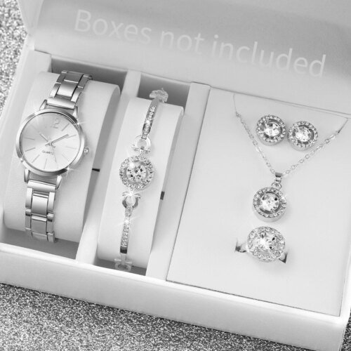 6PCS/Set Women Watches Fashion Stainless Steel Band Quartz Watch Diamond Jewelry(Without Box)