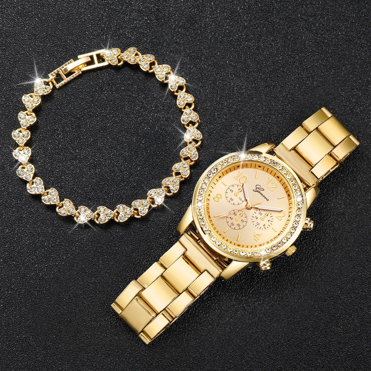 Fashion Women Stainless Steel Gold Color Quartz Watch & Diamond Bracelet Fashion Women Stainless Steel Gold Color Quartz Watch & Diamond Bracelet