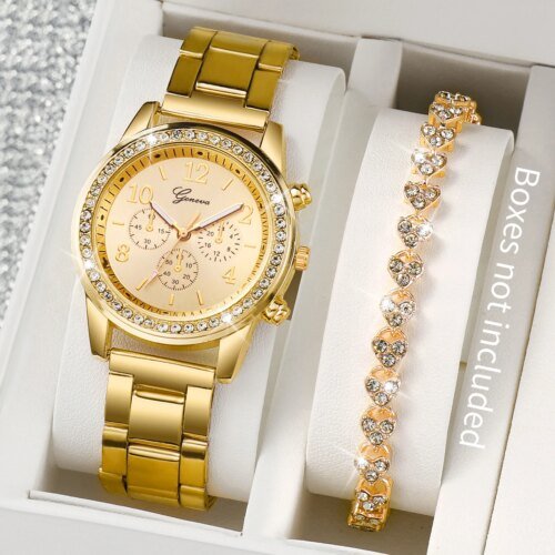 Fashion Women Stainless Steel Gold Color Quartz Watch & Diamond Bracelet