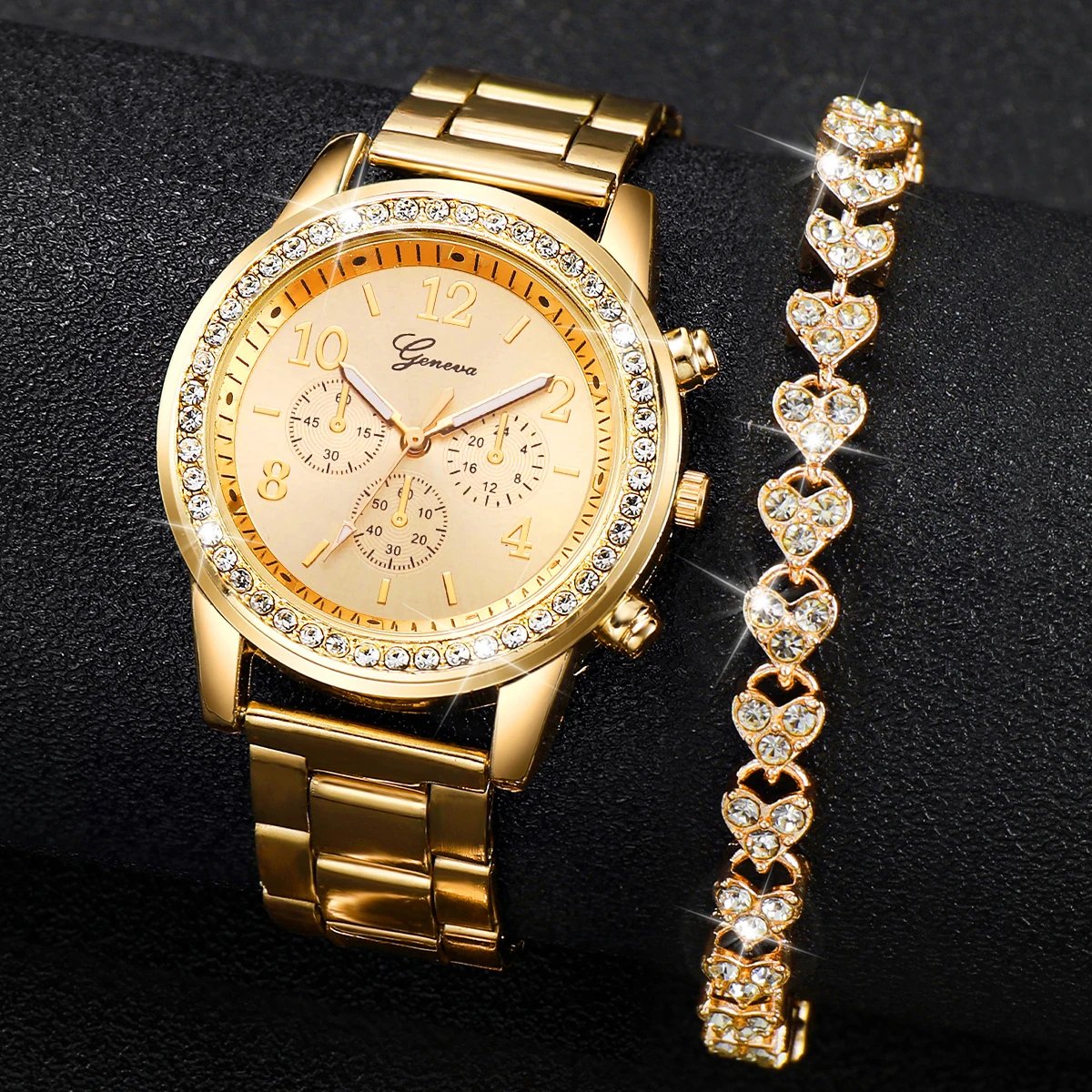 Fashion Women Stainless Steel Gold Color Quartz Watch & Diamond Bracelet Fashion Women Stainless Steel Gold Color Quartz Watch & Diamond Bracelet