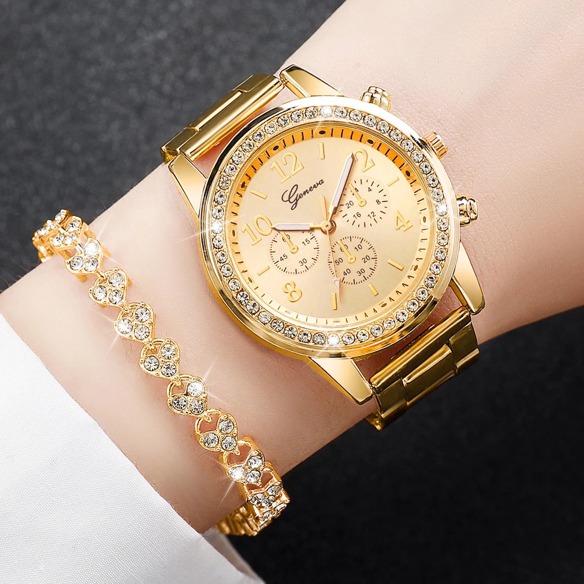 Fashion Women Stainless Steel Gold Color Quartz Watch & Diamond Bracelet - Image 3