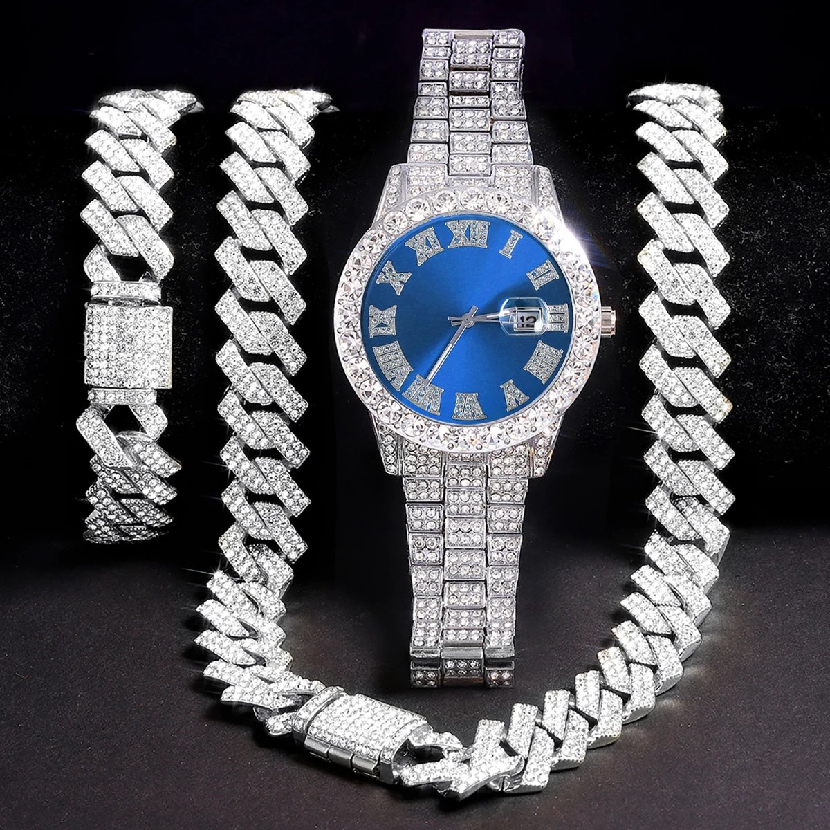 3pcs Men's Silver Watch Set Hip-hop Punk Inlay Diamond Watch+Cuban Chain+Bracelet Comes With Strap Adjuster Stylish Jewelry Gift 3pcs Men's Silver Watch Set Hip-hop Punk Inlay Diamond Watch+Cuban Chain+Bracelet Comes With Strap Adjuster Stylish Jewelry Gift