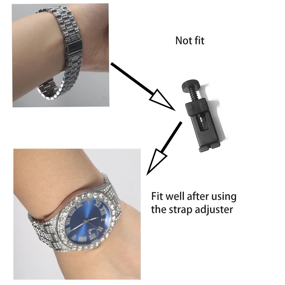 3pcs Men's Silver Watch Set Hip-hop Punk Inlay Diamond Watch+Cuban Chain+Bracelet Comes With Strap Adjuster Stylish Jewelry Gift - Image 6