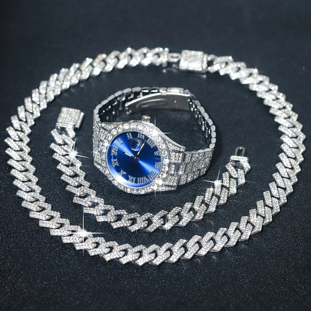 3pcs Men's Silver Watch Set Hip-hop Punk Inlay Diamond Watch+Cuban Chain+Bracelet Comes With Strap Adjuster Stylish Jewelry Gift - Image 2