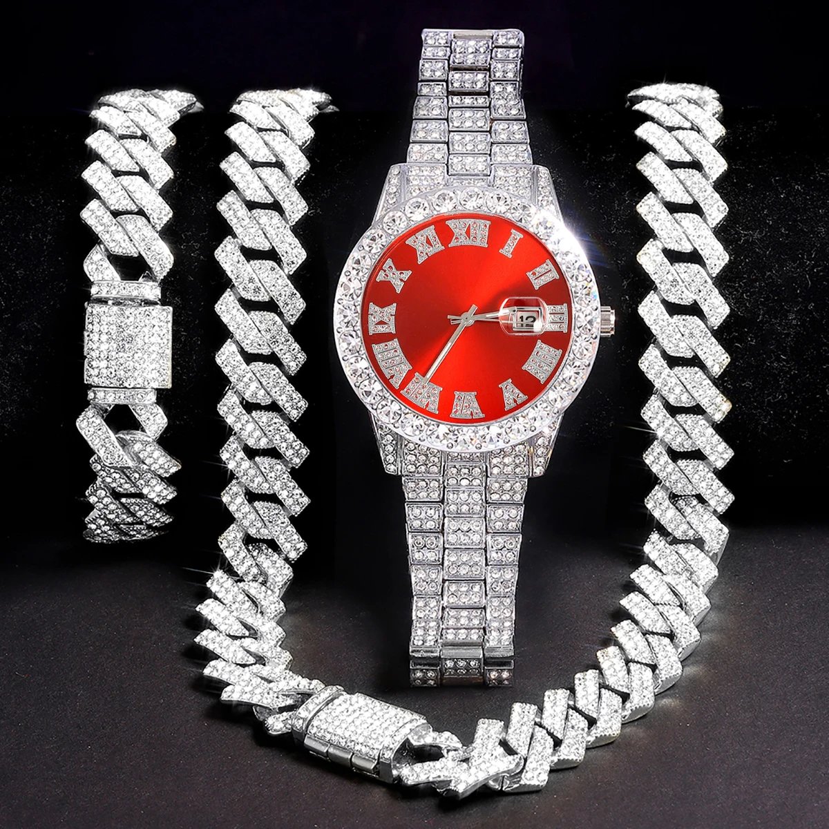 3pcs Men's Silver Watch Set Hip-hop Punk Inlay Diamond Watch+Cuban Chain+Bracelet Comes With Strap Adjuster Stylish Jewelry Gift 3pcs Men's Silver Watch Set Hip-hop Punk Inlay Diamond Watch+Cuban Chain+Bracelet Comes With Strap Adjuster Stylish Jewelry Gift