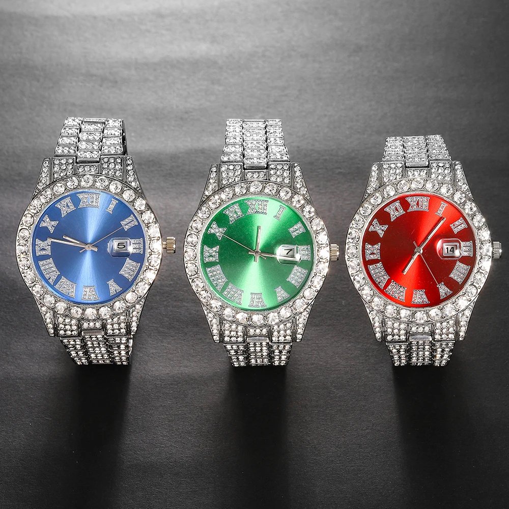 3pcs Men's Silver Watch Set Hip-hop Punk Inlay Diamond Watch+Cuban Chain+Bracelet Comes With Strap Adjuster Stylish Jewelry Gift - Image 4