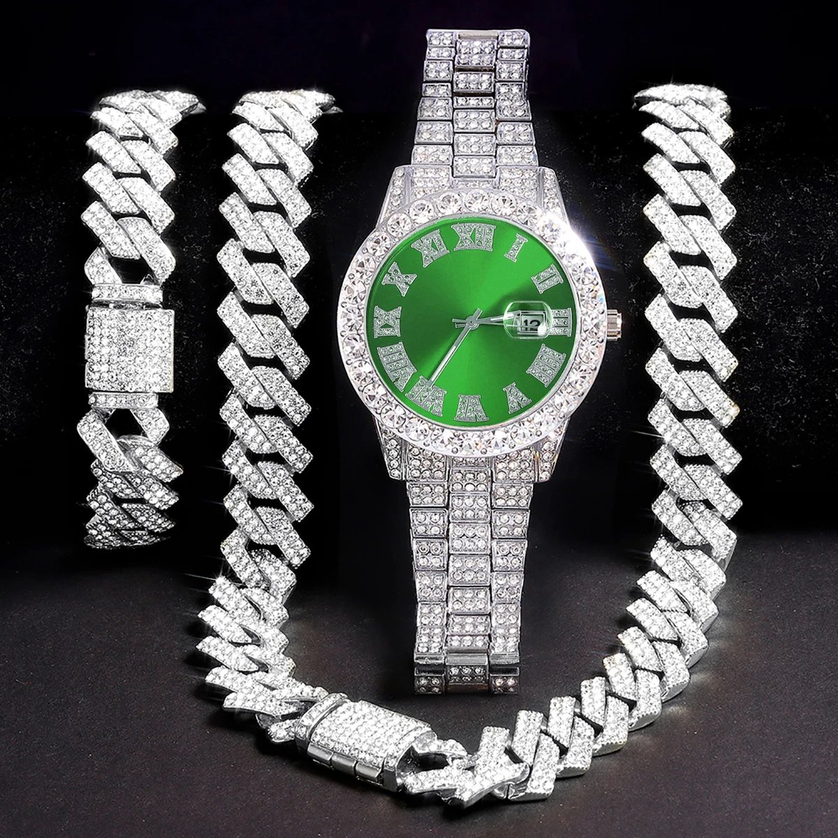 3pcs Men's Silver Watch Set Hip-hop Punk Inlay Diamond Watch+Cuban Chain+Bracelet Comes With Strap Adjuster Stylish Jewelry Gift 3pcs Men's Silver Watch Set Hip-hop Punk Inlay Diamond Watch+Cuban Chain+Bracelet Comes With Strap Adjuster Stylish Jewelry Gift