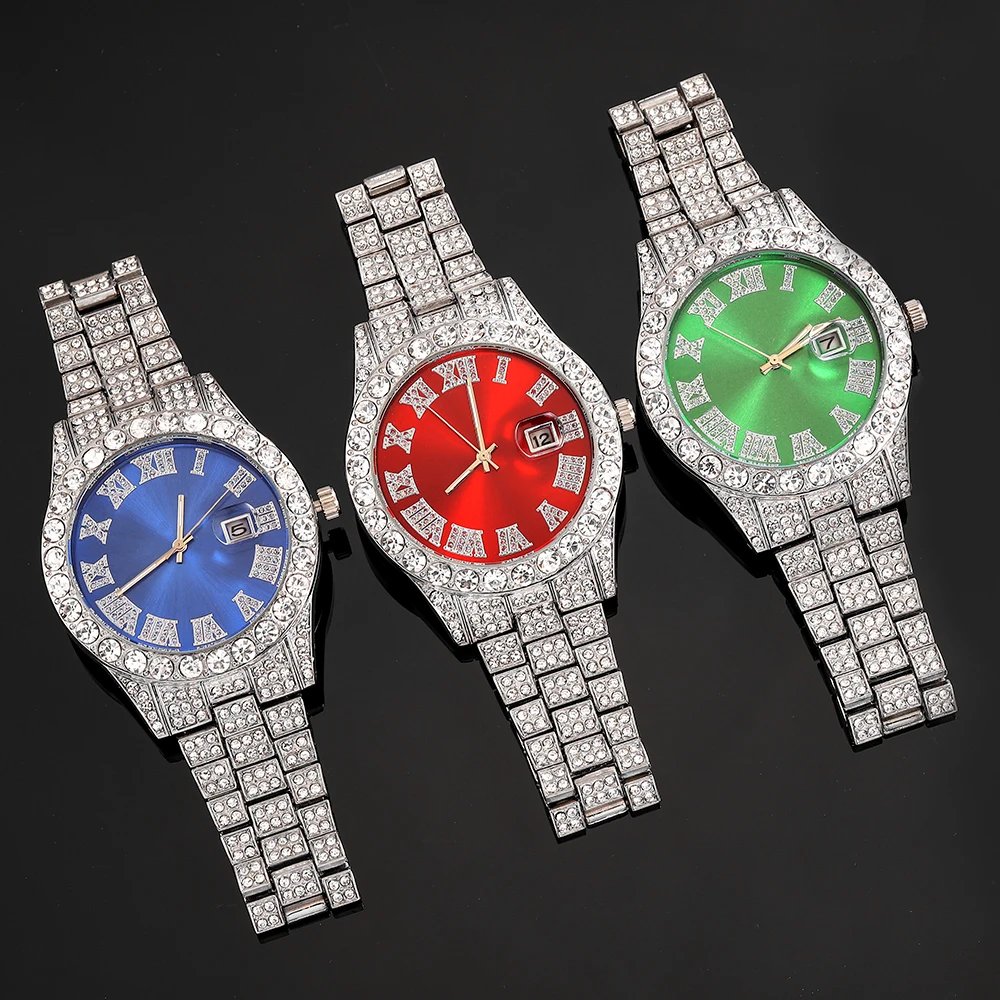 3pcs Men's Silver Watch Set Hip-hop Punk Inlay Diamond Watch+Cuban Chain+Bracelet Comes With Strap Adjuster Stylish Jewelry Gift - Image 5