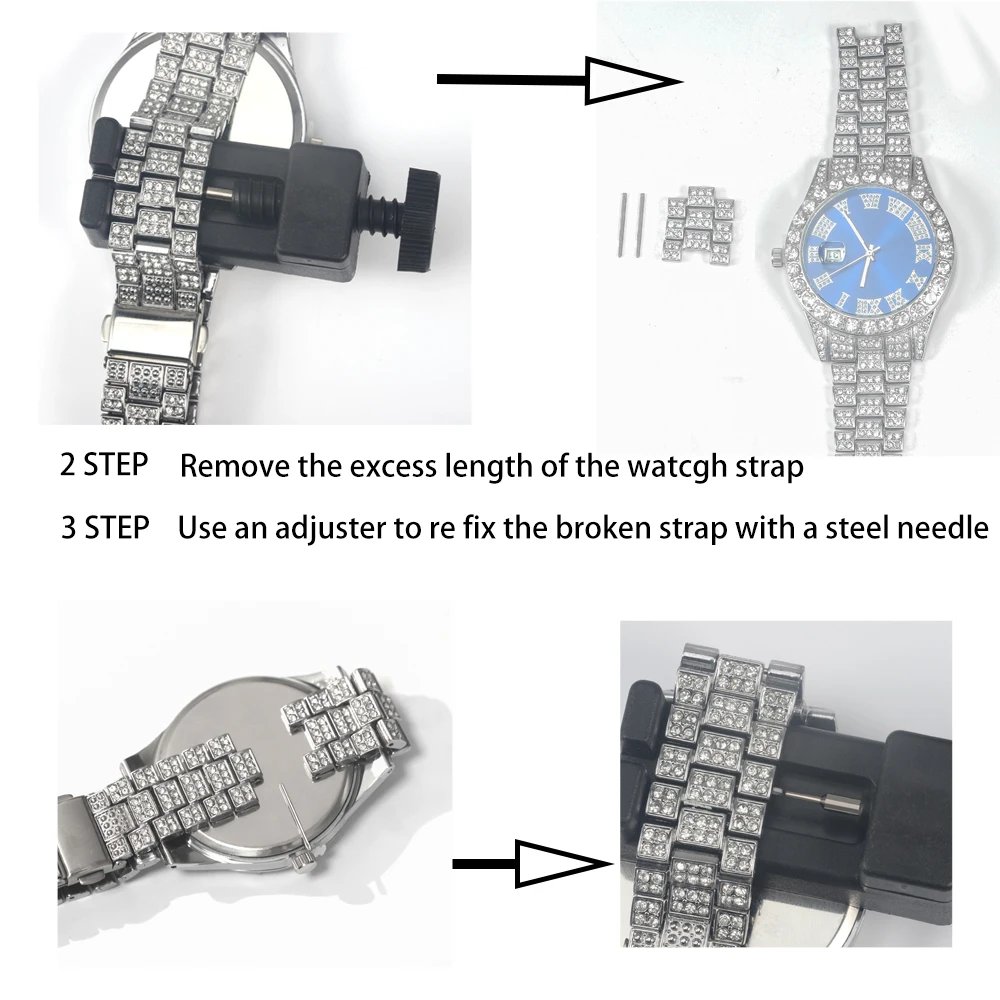 3pcs Men's Silver Watch Set Hip-hop Punk Inlay Diamond Watch+Cuban Chain+Bracelet Comes With Strap Adjuster Stylish Jewelry Gift 3pcs Men's Silver Watch Set Hip-hop Punk Inlay Diamond Watch+Cuban Chain+Bracelet Comes With Strap Adjuster Stylish Jewelry Gift