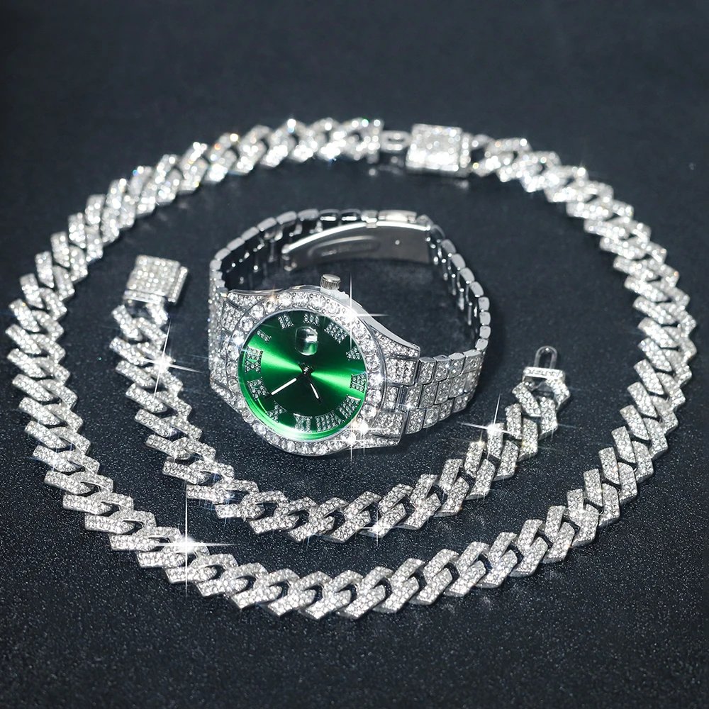 3pcs Men's Silver Watch Set Hip-hop Punk Inlay Diamond Watch+Cuban Chain+Bracelet Comes With Strap Adjuster Stylish Jewelry Gift - Image 3