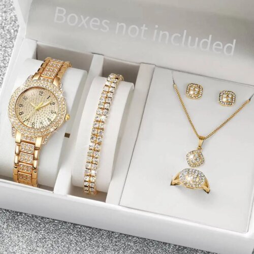 6PCS/Set Luxury Full Diamond Women Watches Fashion Ladies Quartz Wristwatch Jewelry Set Reloj Mujer(Without Box)