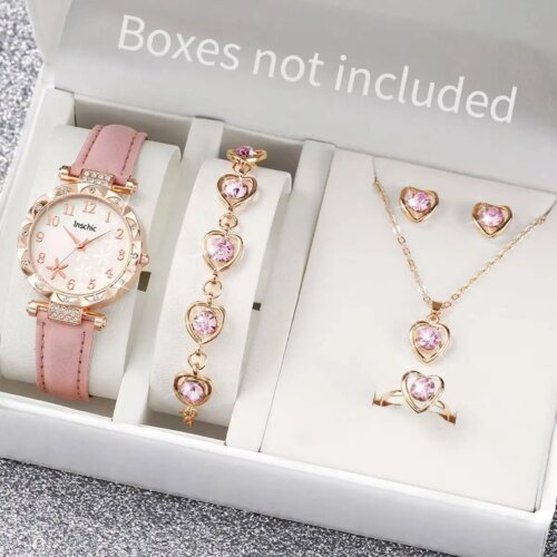 6PCS/Set Fashion Flowers Dial Women's Quartz Watch Leather Band Watches Rhinestone Jewelry Set(Without Box)