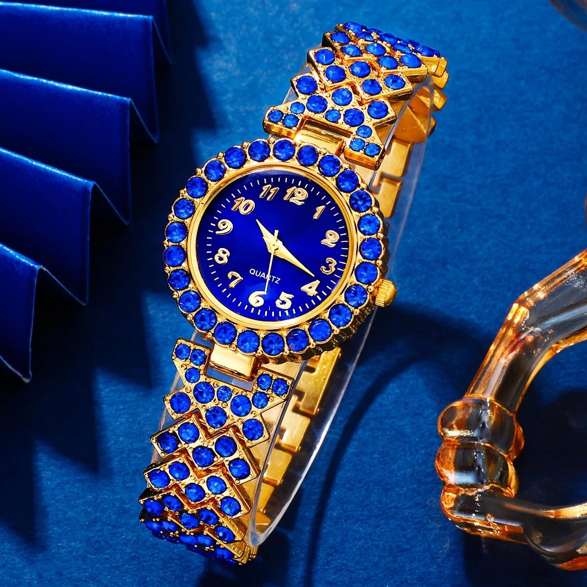 6PCS Elegant Women's Fashion Jewelry and Watch Set, Ladies Blue Rhinestone Dial Quartz Wristwatch,Female Jewelry Watches Set