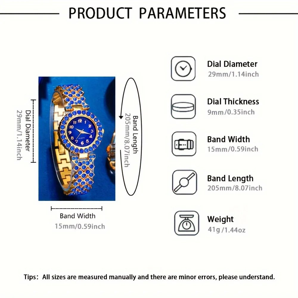 6PCS Elegant Women's Fashion Jewelry and Watch Set, Ladies Blue Rhinestone Dial Quartz Wristwatch,Female Jewelry Watches Set