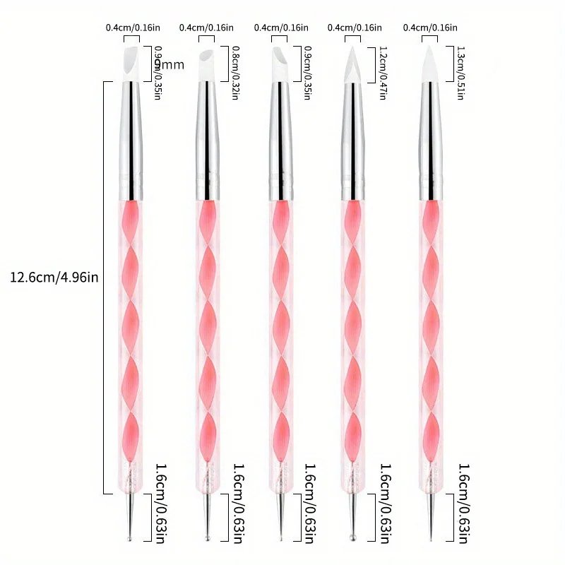 5Pcs 2 Way Nail Art Acrylic Silicone Point Flower Nail Pen Stainless Steel Dotting Tools Marbleizing Painting Pens