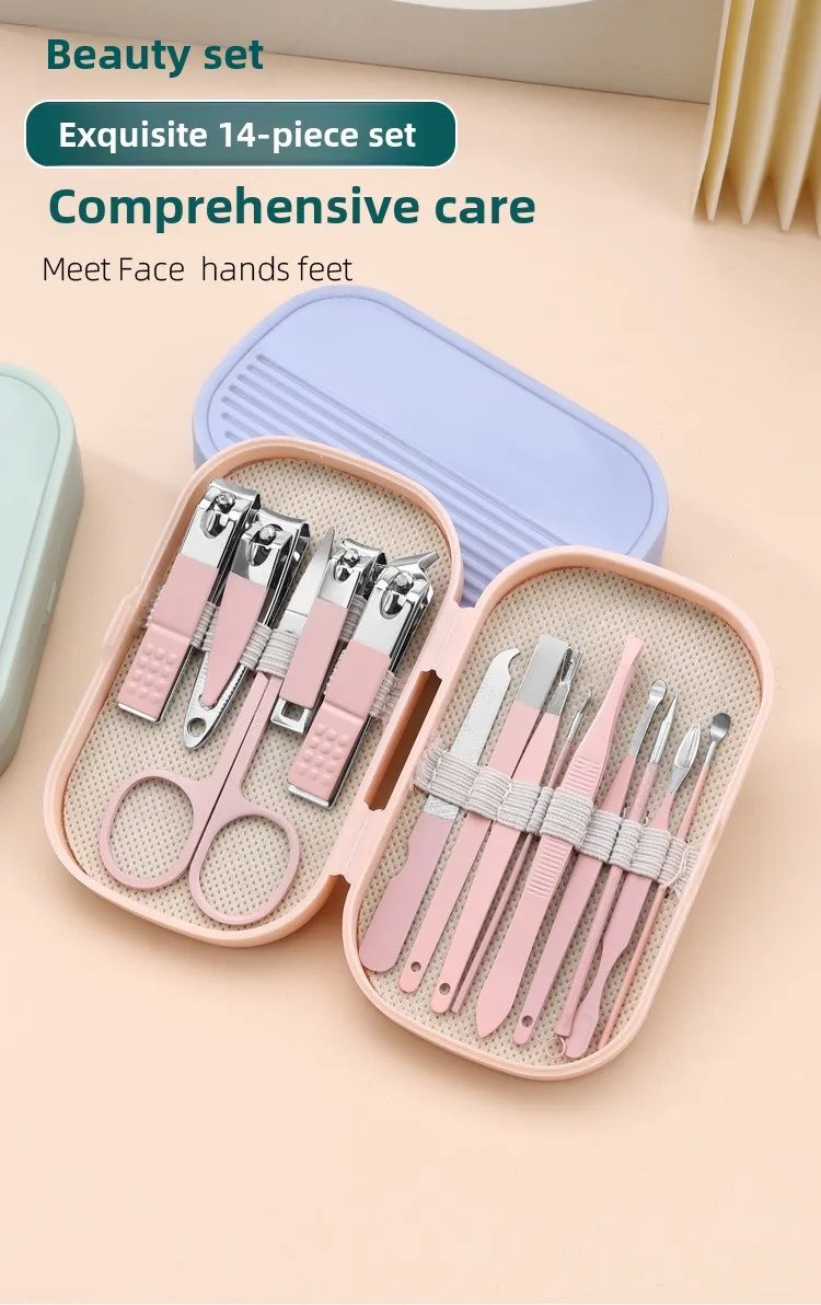 14 Piece Deluxe Manicure & Pedicure Set Pink And Blue Stainless Steel Nail Scissors, Clippers, Ear Digging Spoon for Men & Women