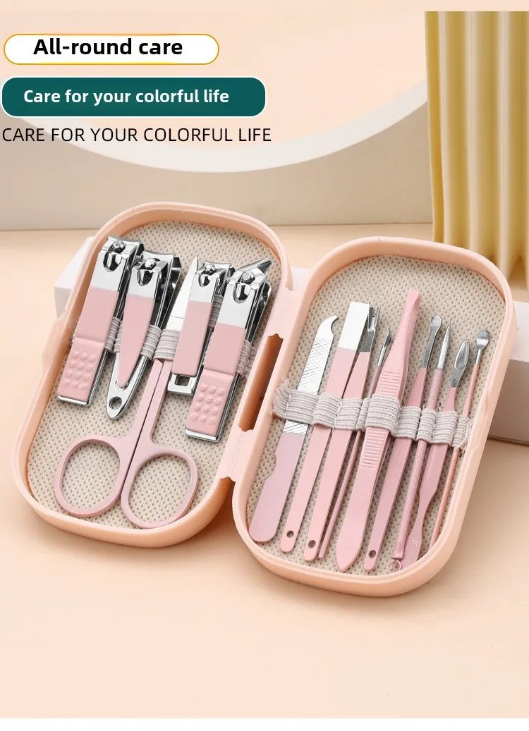 14 Piece Deluxe Manicure & Pedicure Set Pink And Blue Stainless Steel Nail Scissors, Clippers, Ear Digging Spoon for Men & Women