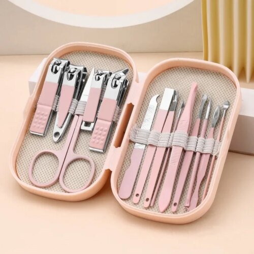 14 Piece Deluxe Manicure & Pedicure Set Pink And Blue Stainless Steel Nail Scissors, Clippers, Ear Digging Spoon for Men & Women