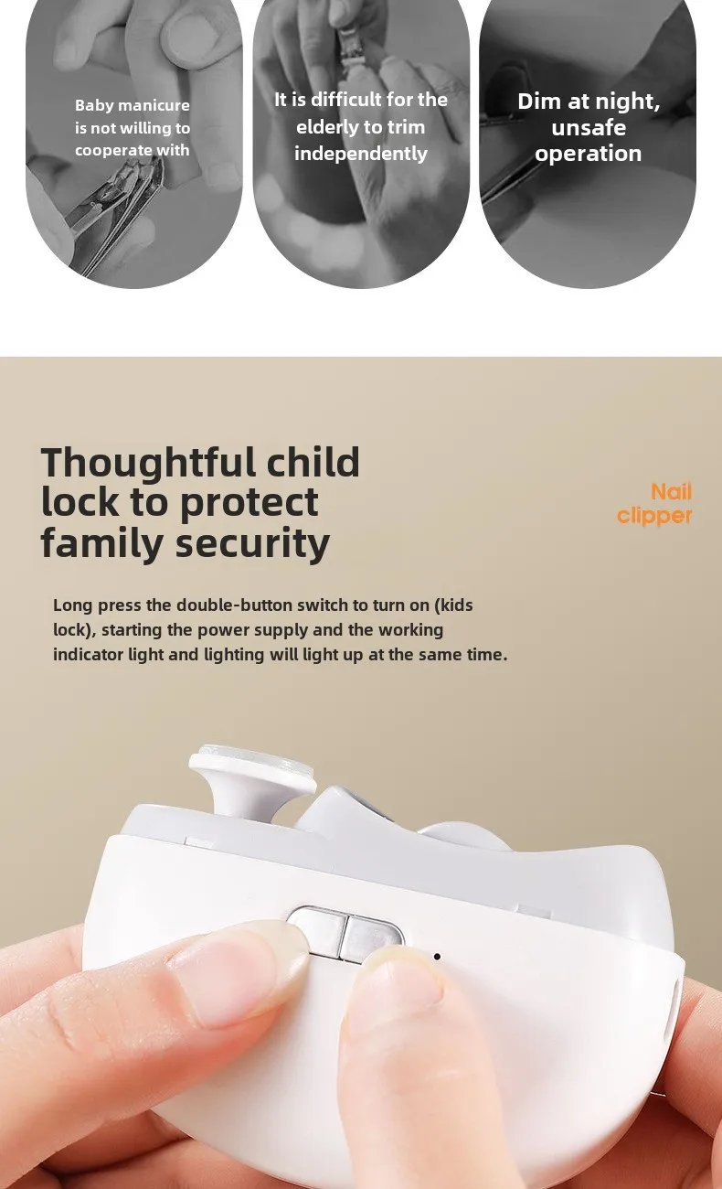 Electric Nail Clipper Grinding and Polishing with Light Automatic Nail Trimmer Rechargeable Nail Cutter Manicure for Baby Adult