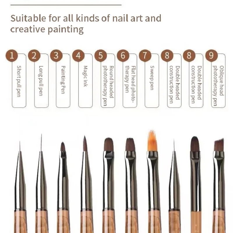 9PCS UV Gel Nail Brush Liner DIY Painting Pen Manicure Acrylic Drawing Brush for Nail Art Design Nails Tip Display Painting Tool