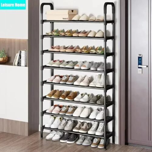 8 Tier Household Metal Shoe Rack Furniture Elevated Shoe-Shelf Multi-Functional Black Storage Racks Space Saving For Living Room
